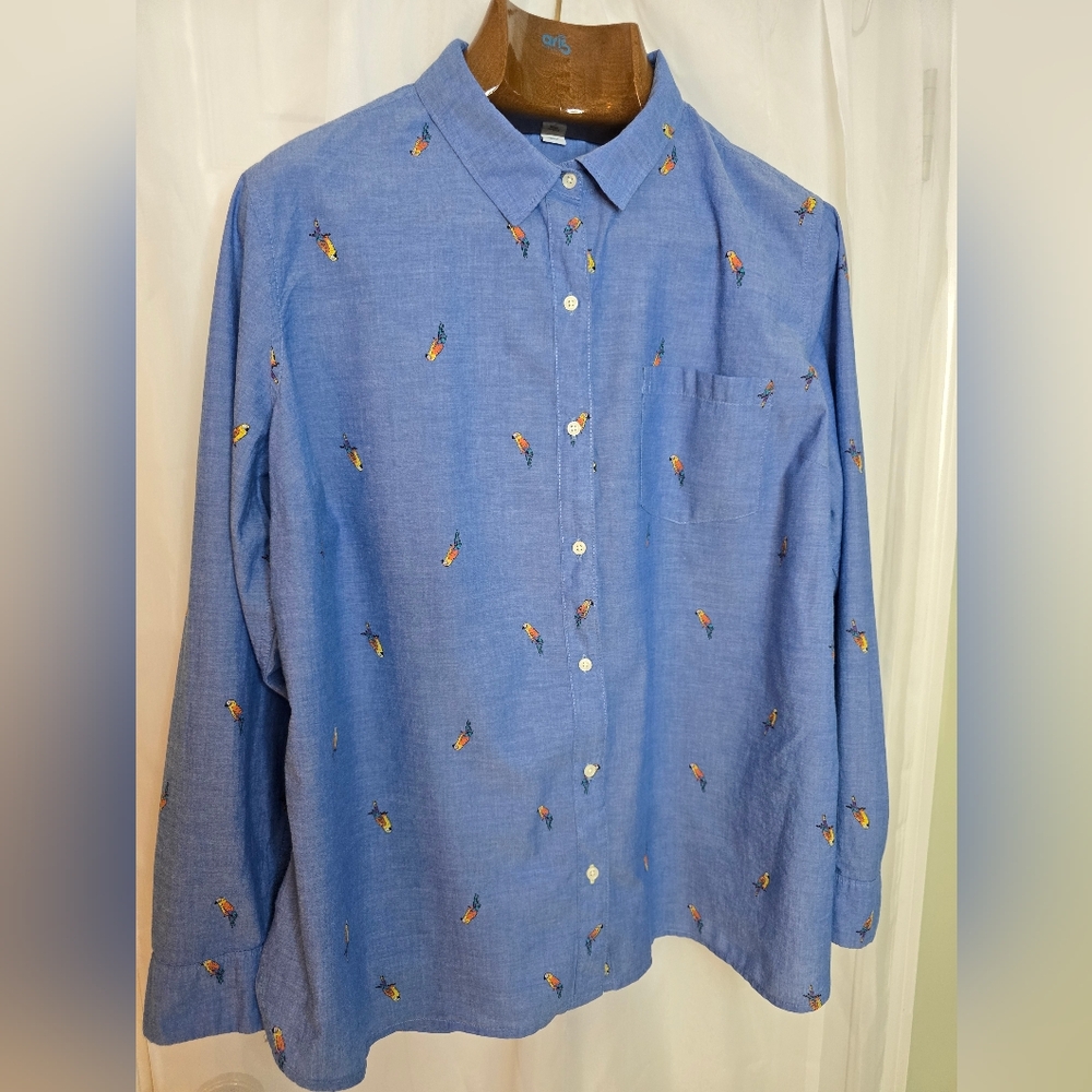 Chambray Blouse with Parrot Embroidery Parrothead Coastal Festival Quirky